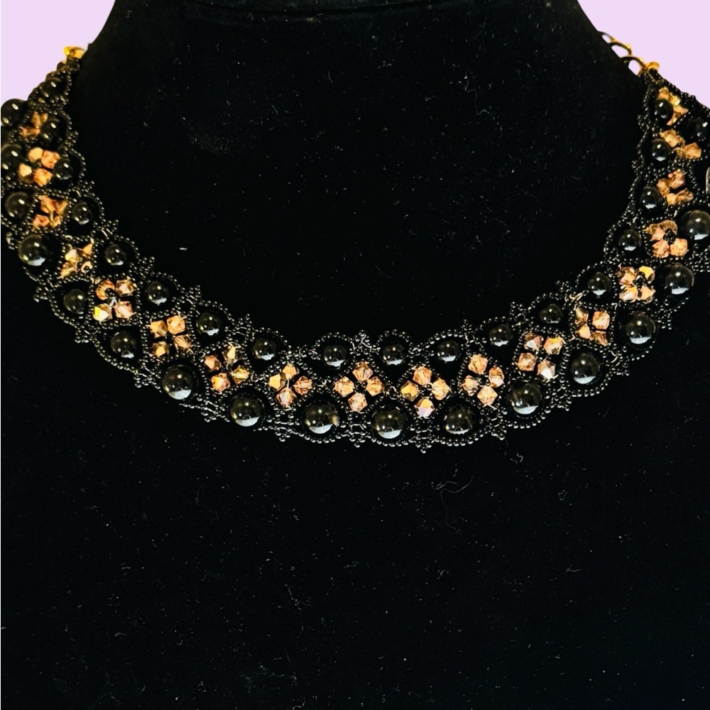 Elegant Hand Crafted Black and Peach Beaded Necklace